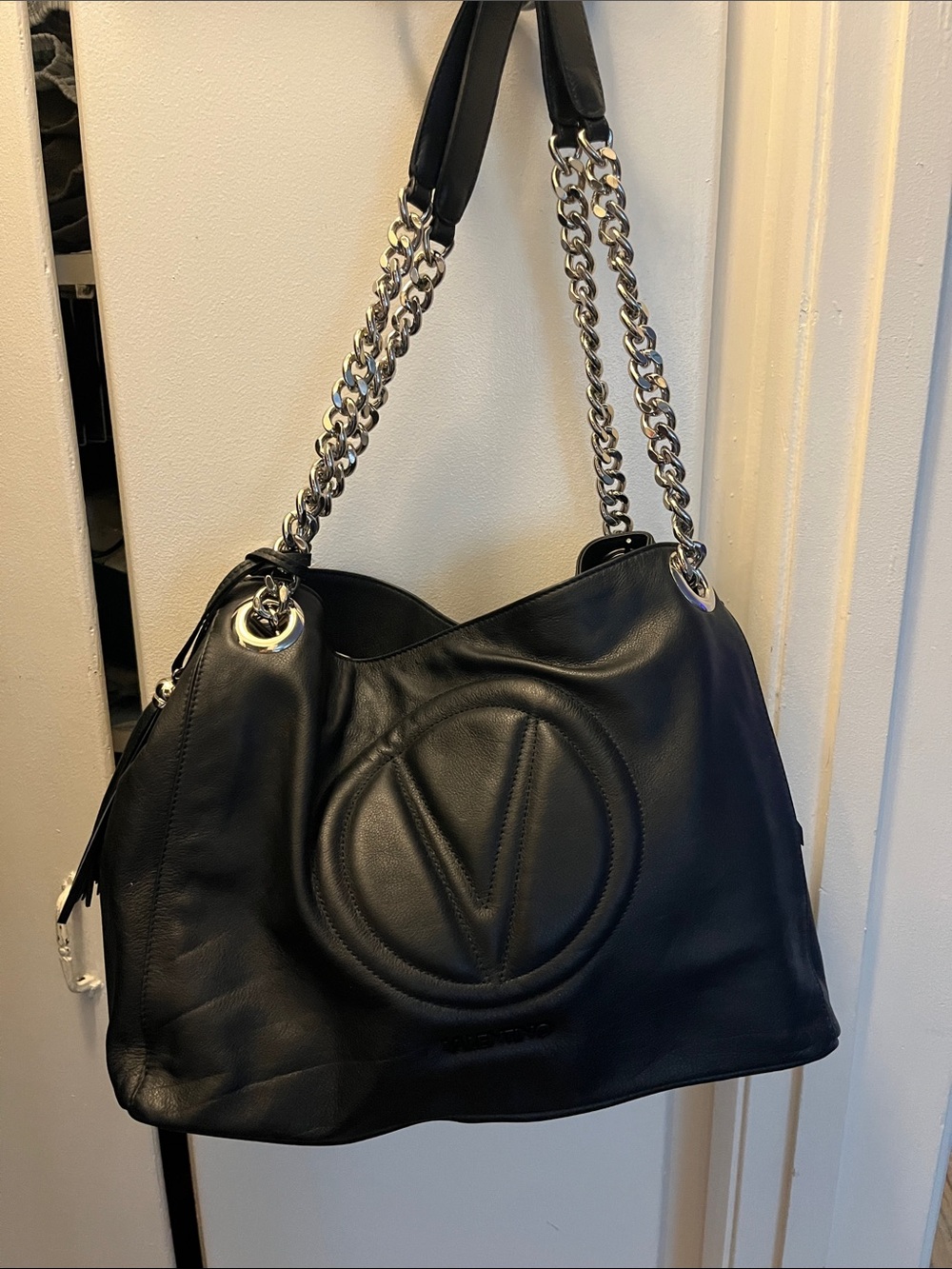 Valentino By Mario Valentino Black Leather Shoulder Bag with Chain Straps